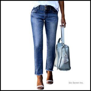 High Waisted Stretchy Denim Jeans Raw Hem Straight Leg Ankle Pants Y2K